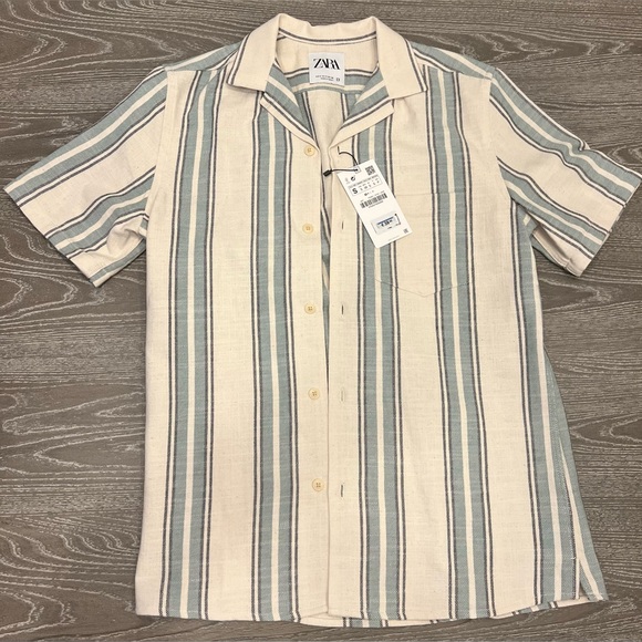 ZARA Cotton-Linen Striped Cuban Camp Collar (Blue/Off-White), Alex Costa style - Picture 1 of 7
